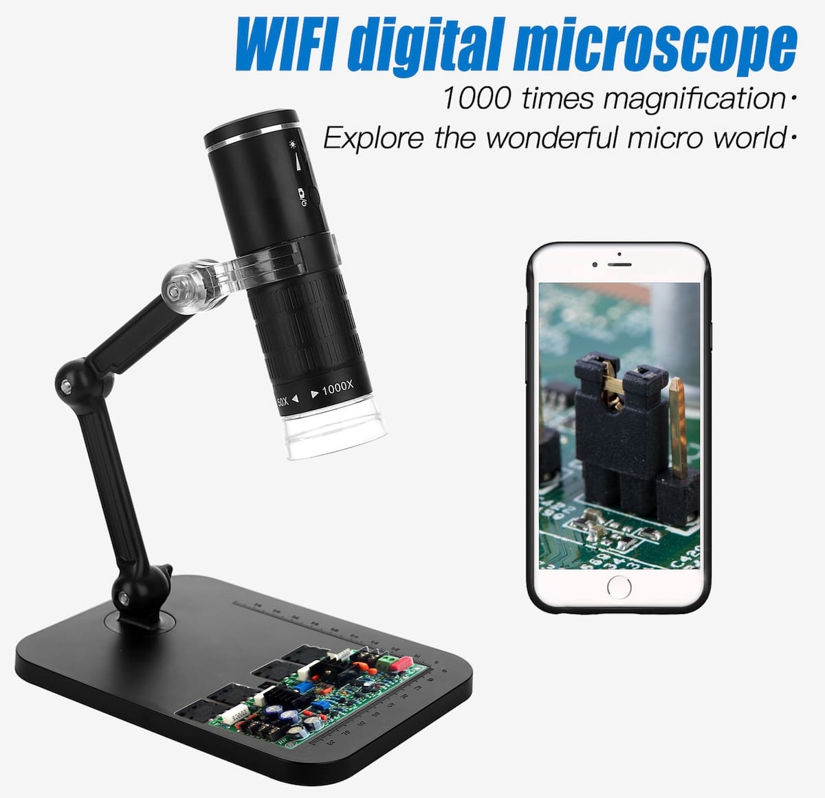 microscópio com wifi e iluminação LED para celular smartphone