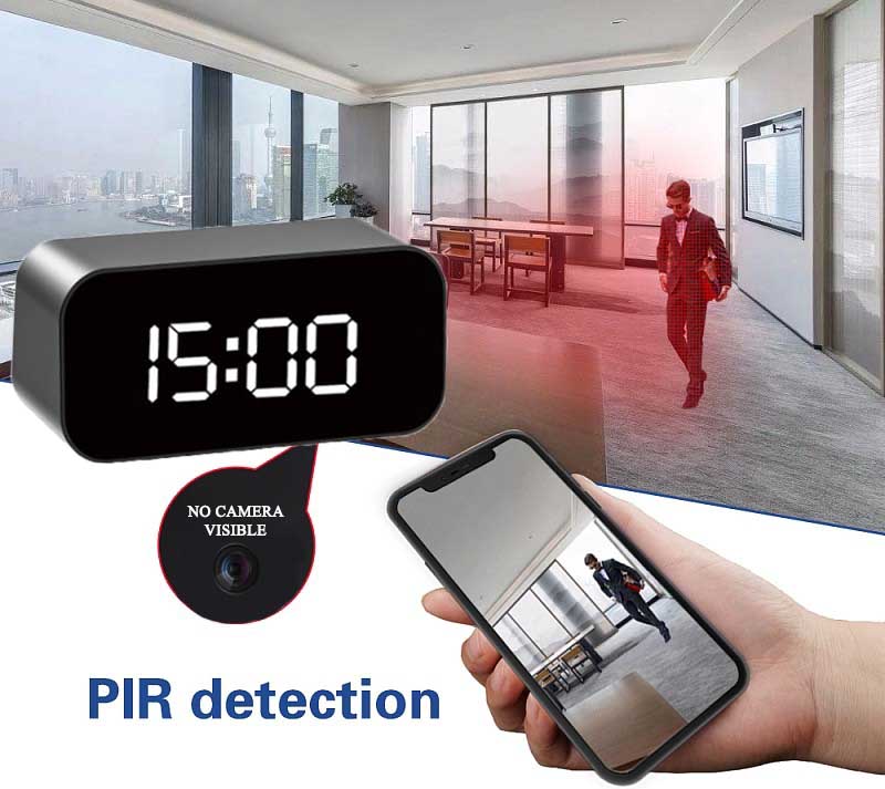 câmera em despertador com detector pir e visão noturna