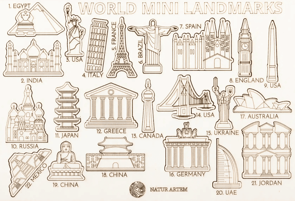 acessórios monumentos do mundo para mapa de madeira na parede