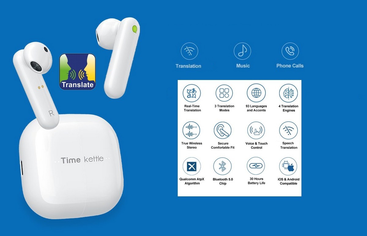 Timekettle Fones de ouvido tradutores de idioma M2 – Suporta 40 idiomas e  93 acentos on-line, tradutor de idioma de voz instantâneo com Bluetooth e  aplicativo, fones de ouvido sem fio verdadeiros