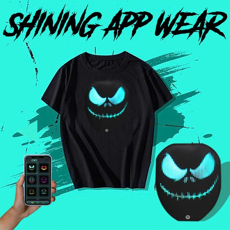 camisa LED programável com display para aplicativo móvel smartphone