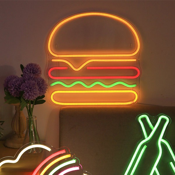 letreiro de néon brilhante na parede - hambúrguer