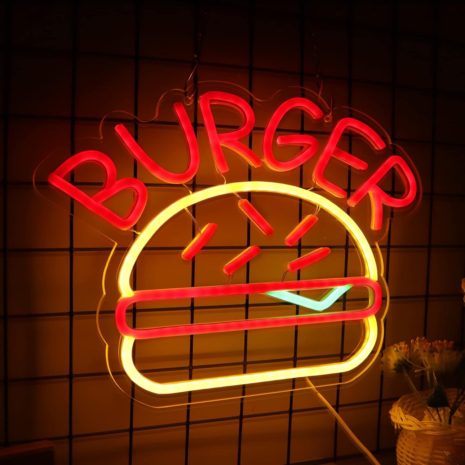 logotipo do sinal de néon da iluminação do hambúrguer na parede