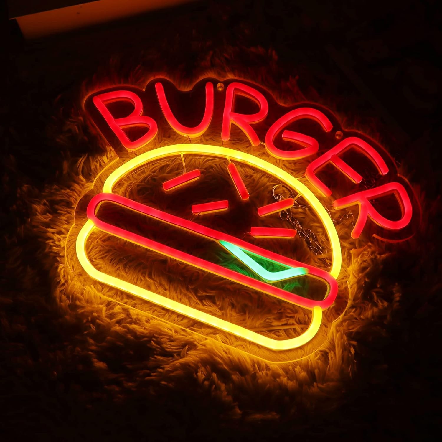 Publicidade de hambúrguer iluminado com letreiro de néon LED brilhante
